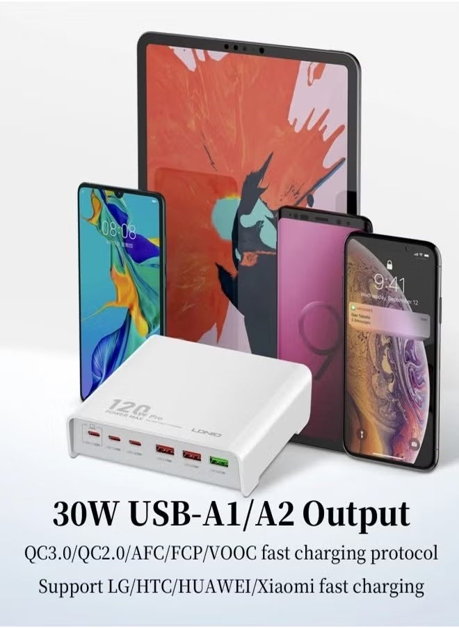 LDNIO - 120w Desktop Charging USB hub 3 Port USB C 3 Port USB A Charging Station Fast Desktop Charging For iPhone Tablet Macbook Laptop White - Image 1