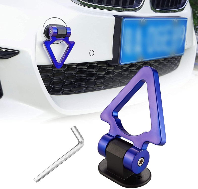 AUTO MT Car Tow Hook Universal Triangle Decorative Racing Style Trailer Hook Sticker Rear Tow Strap Tow Hook Towing Belt for Car Bumper (ONLY Decoration) (Blue VSHAPE Dummy Hook) - Image 1