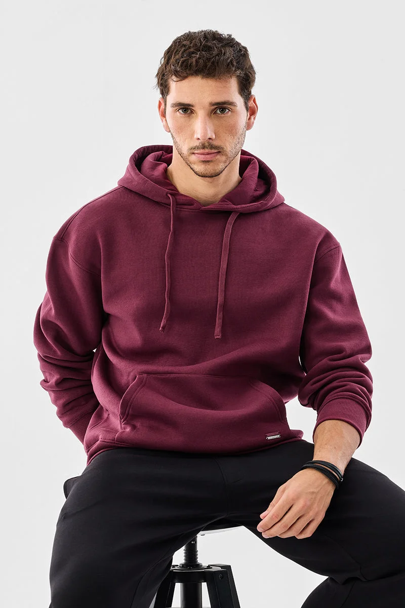 سنيتش Maroon Solid Long Sleeve Relaxed Hoodie