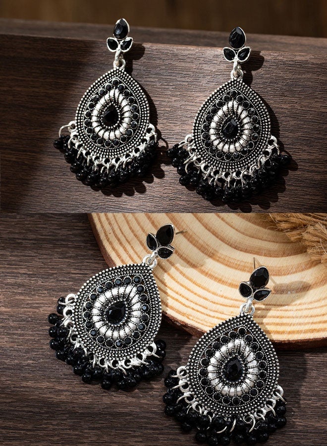 حلق معلق قطري إثني بالكريستال الأسود مطلي بالفضة للنساء، حلق معلق عتيق بدمية حبات، مجوهرات بوها للحفلات والزواج - Image 1