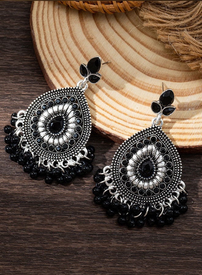 حلق معلق قطري إثني بالكريستال الأسود مطلي بالفضة للنساء، حلق معلق عتيق بدمية حبات، مجوهرات بوها للحفلات والزواج - Image 3