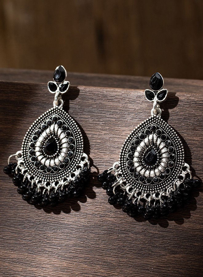 حلق معلق قطري إثني بالكريستال الأسود مطلي بالفضة للنساء، حلق معلق عتيق بدمية حبات، مجوهرات بوها للحفلات والزواج - Image 2