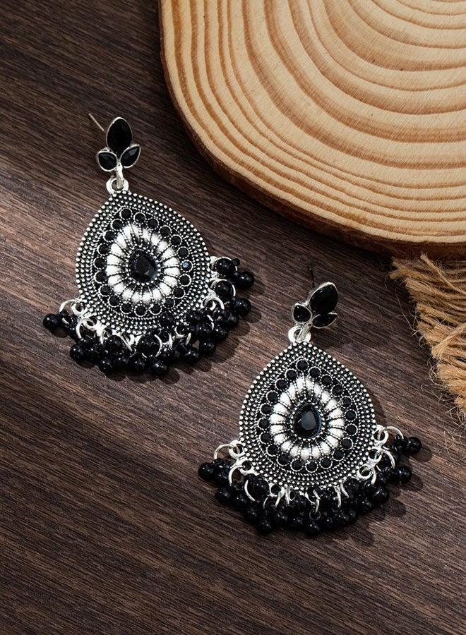 حلق معلق قطري إثني بالكريستال الأسود مطلي بالفضة للنساء، حلق معلق عتيق بدمية حبات، مجوهرات بوها للحفلات والزواج - Image 4