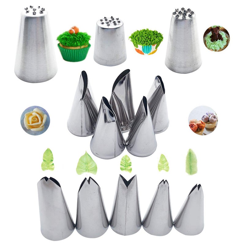 Markeny 5 Pcs Rose Piping Tips 3Pcs Grass Cream Tips DIY Decor Baking Tool and 5 Pcs Leaf Stainless Steel Piping Nozzles Kit13 Pcs