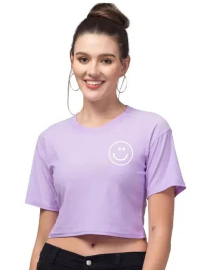Basic T-Shirt Women Short Sleeve Crew Neck With Smile Emoji Purple, Regular Fit, Cotton Shirt, Casual Wearing, Plain T Shirts, Women's Fashion, For Summer, Short Shirt, Fitting, Top Wear 