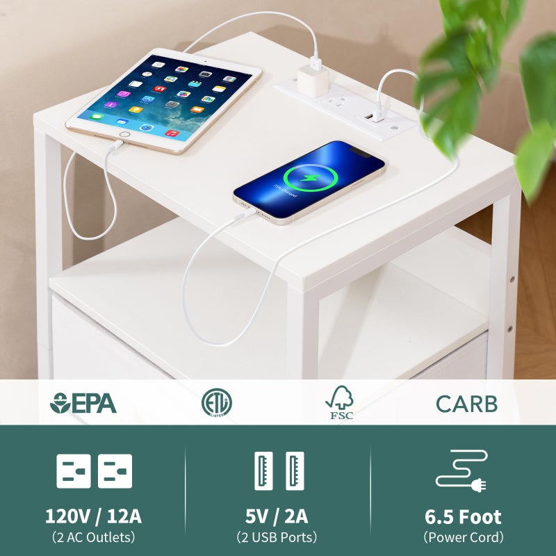 Yoobure Nightstand with Charging Station, Small Night Stand with Fabric Drawers and Storage Shelf for Bedrooms, Nightstands for Small Spaces, Bedside Table with USB Ports & Outlets, Bed Side Table - Image 5