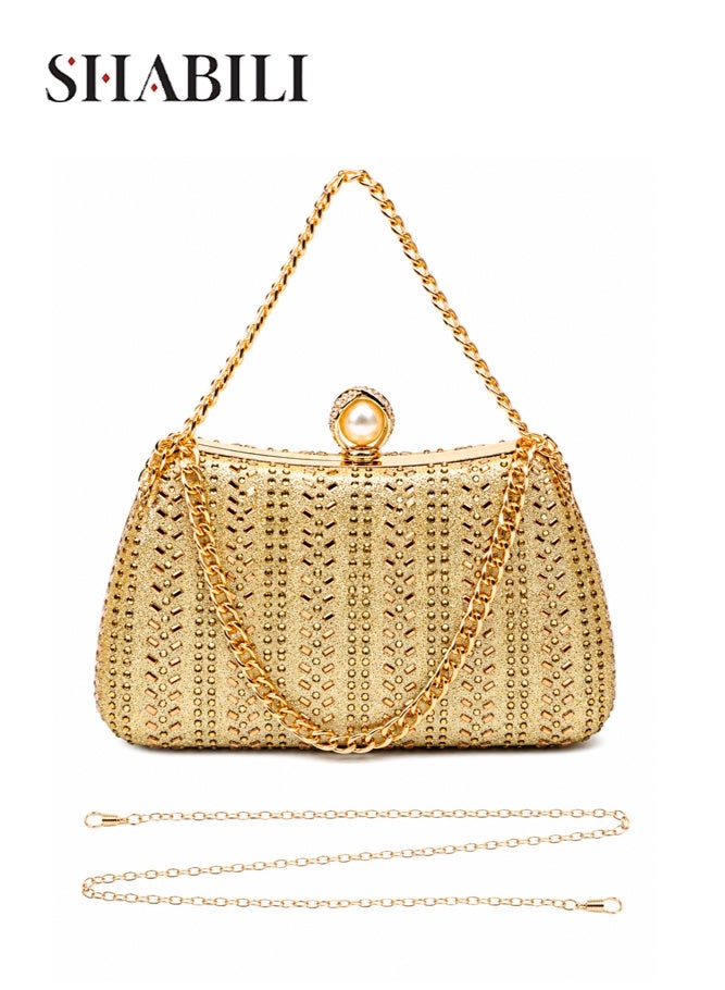 SHABILI Women's Rhinestone Banquet Bag Silver, Ladies PU Sparkling Crystal Clutch Bag Shoulder Evening Handbag with Detachable Chain for Wedding Prom Cocktail Party Dinner Travel Formal Occasion Use - Image 1