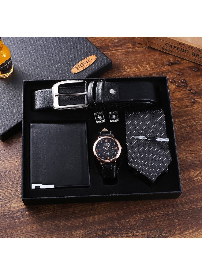 OLUDENIZ 🕴️ Elegant 6-Piece Men’s Business Gift Set – Brown Leather Watch, Belt, Wallet, Tie, Cufflinks & Tie Clip  - Image 1
