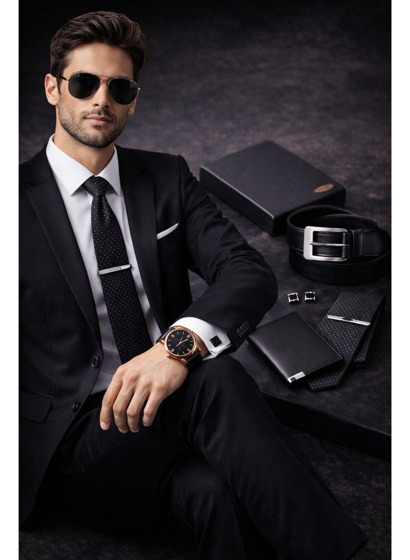 أولودينيز  🕴️ طقم هدايا رجالي فاخر مكون من 7 في 1 قطع – ساعة، محفظة، حزام، ربطة عنق، أزرار أكمام، دبوس ربطة عنق - Image 3