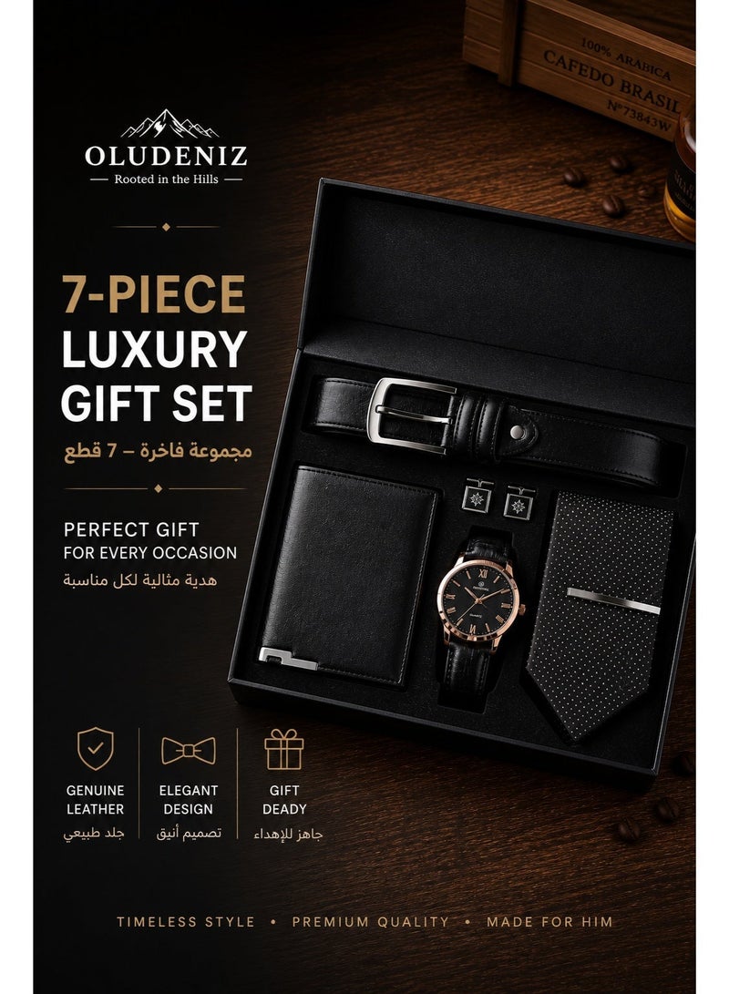 OLUDENIZ 🕴️ Elegant 7-in-1 Piece Men’s Business Gift Set – Black Leather Watch, Belt, Wallet, Tie, Cufflinks & Tie Clip - Image 1