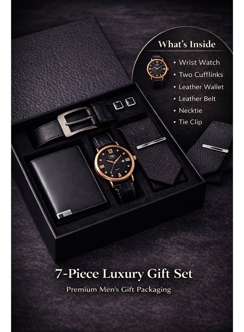 OLUDENIZ 🕴️ Elegant 7-in-1 Piece Men’s Business Gift Set – Black Leather Watch, Belt, Wallet, Tie, Cufflinks & Tie Clip - Image 4