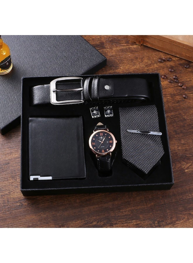 OLUDENIZ 🕴️ Elegant 7-in-1 Piece Men’s Business Gift Set – Black Leather Watch, Belt, Wallet, Tie, Cufflinks & Tie Clip - Image 3