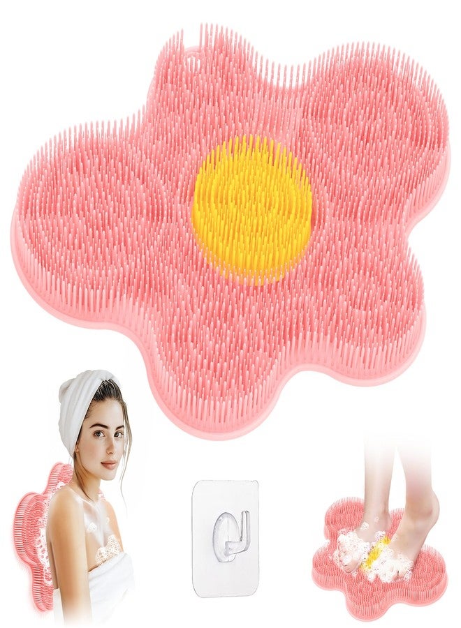 GEENOA New Silicone Shower Foot Scrubber Mat, Large Wall-Mounted Back Scrubber Back Washer with Long Bristles & Powerful Suction Cups, Easy to Clean Exfoliate and Massage Without Bending(Pink) - Image 1