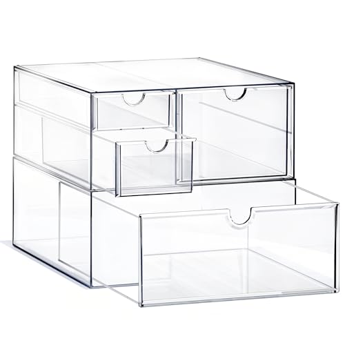 Prsildan Acrylic Drawer Makeup Organizer with 4 Drawers Set of 2 Office Desk Organizers Accessories Clear Stackable Storage Drawers for Vanity Countertop Craft Jewelry Art Supply Organization - Image 1