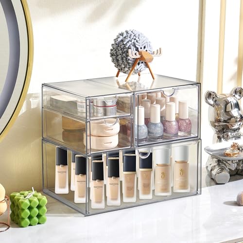 Prsildan Acrylic Drawer Makeup Organizer with 4 Drawers Set of 2 Office Desk Organizers Accessories Clear Stackable Storage Drawers for Vanity Countertop Craft Jewelry Art Supply Organization - Image 3