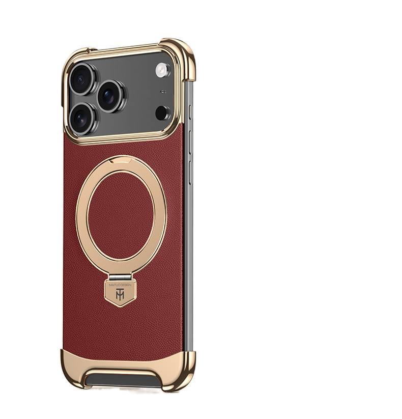 LS PC MagSafe Case for iPhone 13 with Kickstand and Strong Magnetic plus Electroplated plus Leather Texture in Red - Image 1