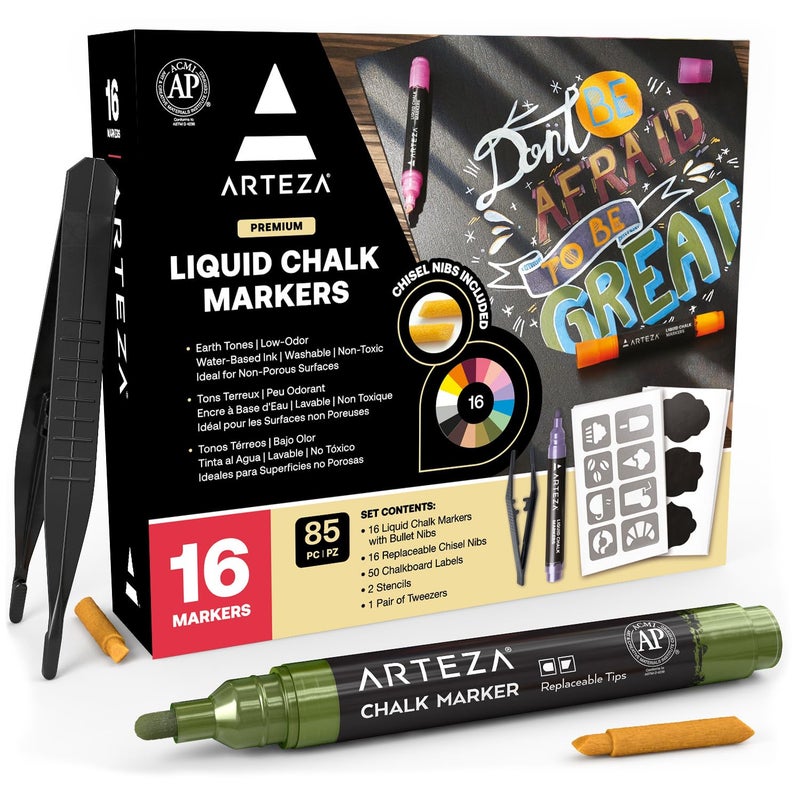 ARTEZA Pastel Liquid Chalk Markers, Set of 16, Tweezers, Labels, Stencils, Erasable, Water Based Pens for Chalkboards, Glass, Windows, and More - Image 1