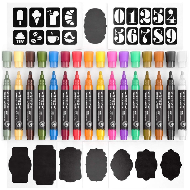 ARTEZA Pastel Liquid Chalk Markers, Set of 16, Tweezers, Labels, Stencils, Erasable, Water Based Pens for Chalkboards, Glass, Windows, and More - Image 5