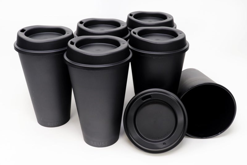 Rolling Sands USA Made 16 oz Reusable Coffee Cups with Lids 6 Pk To Go Travel Cups Hot or Cold Drinks Dishwasher and Microwave Safe Black