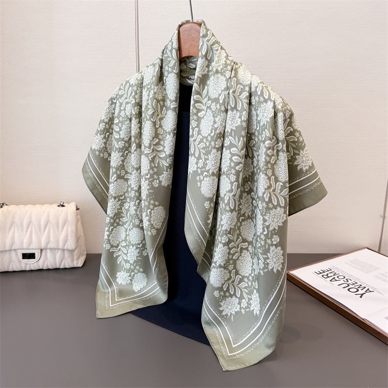 Autumn Essential Imitation Silk Large Square Scarf Retro Floral Print Professional Versatile Shawl Diagonal Silk Scarf Headscarf for Women - Image 2