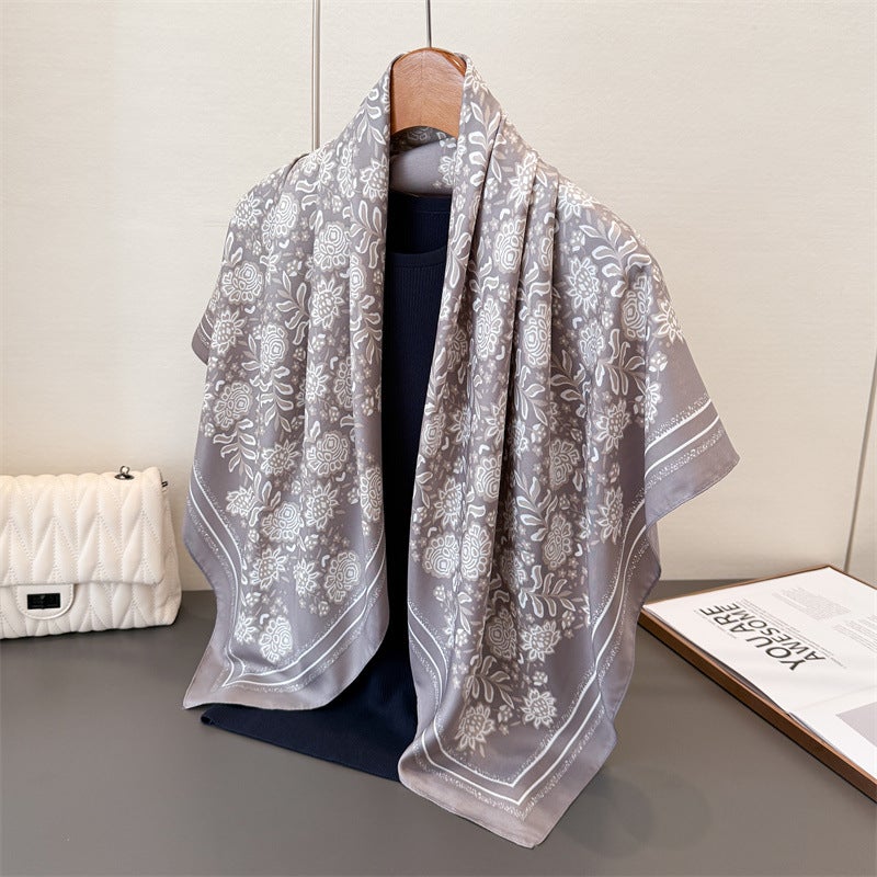 Autumn Essential Imitation Silk Large Square Scarf Retro Floral Print Professional Versatile Shawl Diagonal Silk Scarf Headscarf for Women - Image 3