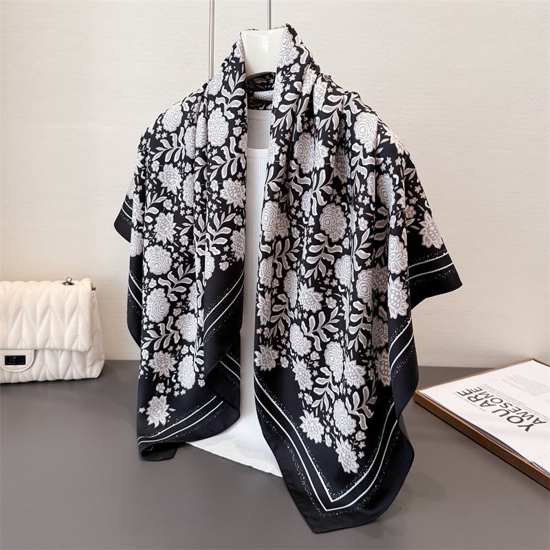 Autumn Essential Imitation Silk Large Square Scarf Retro Floral Print Professional Versatile Shawl Diagonal Silk Scarf Headscarf for Women - Image 5