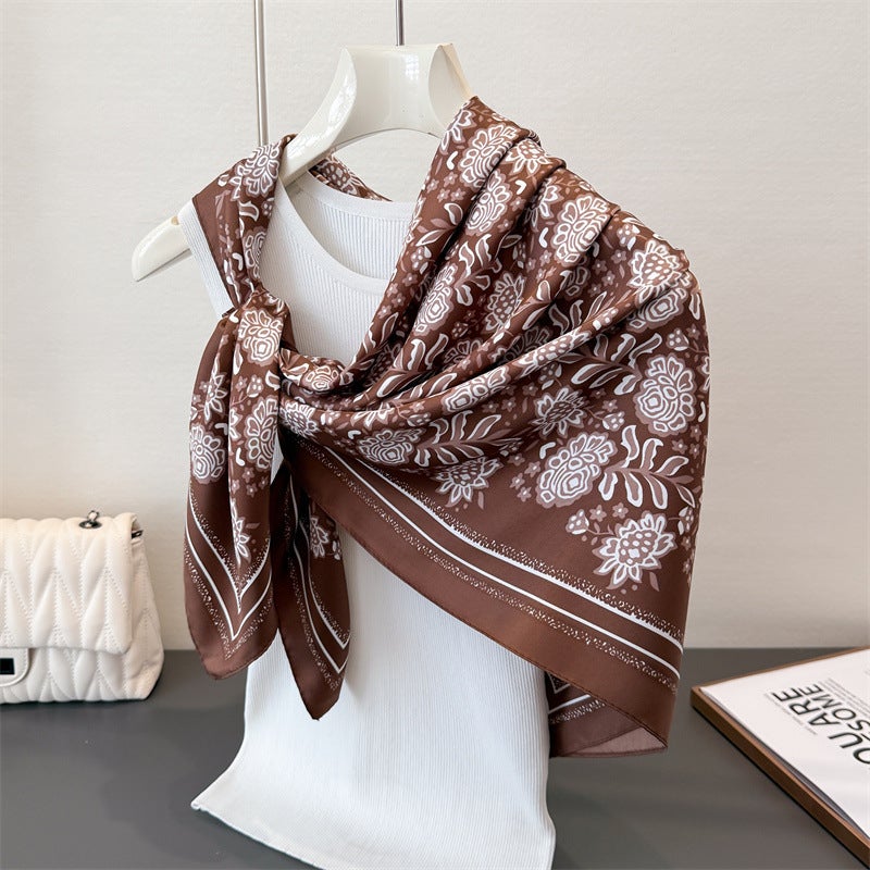 Autumn Essential Imitation Silk Large Square Scarf Retro Floral Print Professional Versatile Shawl Diagonal Silk Scarf Headscarf for Women - Image 4