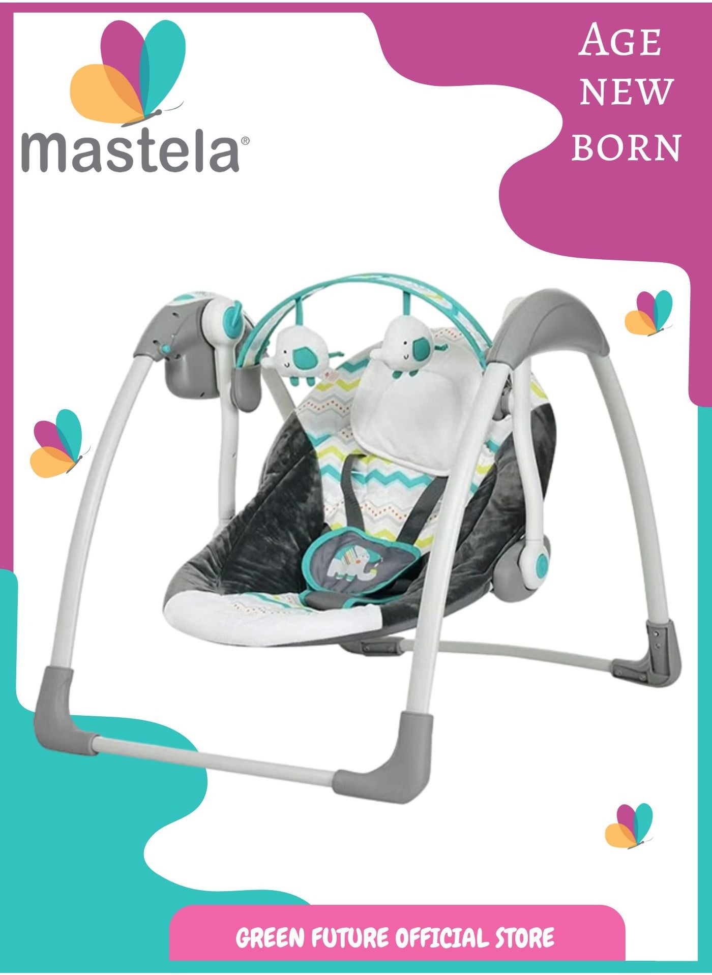 Mastela Baby Swing with Soothing Vibrations and 5-Speed Settings, Portable Compact Design with Soft Plush Seat, Safety Harness, and Detachable Toy Bar - Perfect for Soothing Infants - Green 