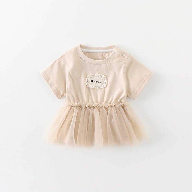 Korean Style Girls' Mesh Dress For Baby Girls Round Neck Short Sleeve Dress Sweet Princess Style Half-Length Skirt - Image 1