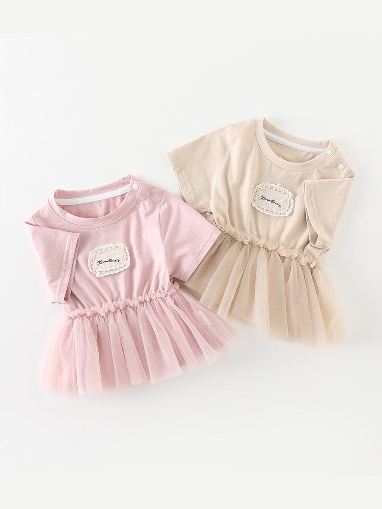 Korean Style Girls' Mesh Dress For Baby Girls Round Neck Short Sleeve Dress Sweet Princess Style Half-Length Skirt - Image 3