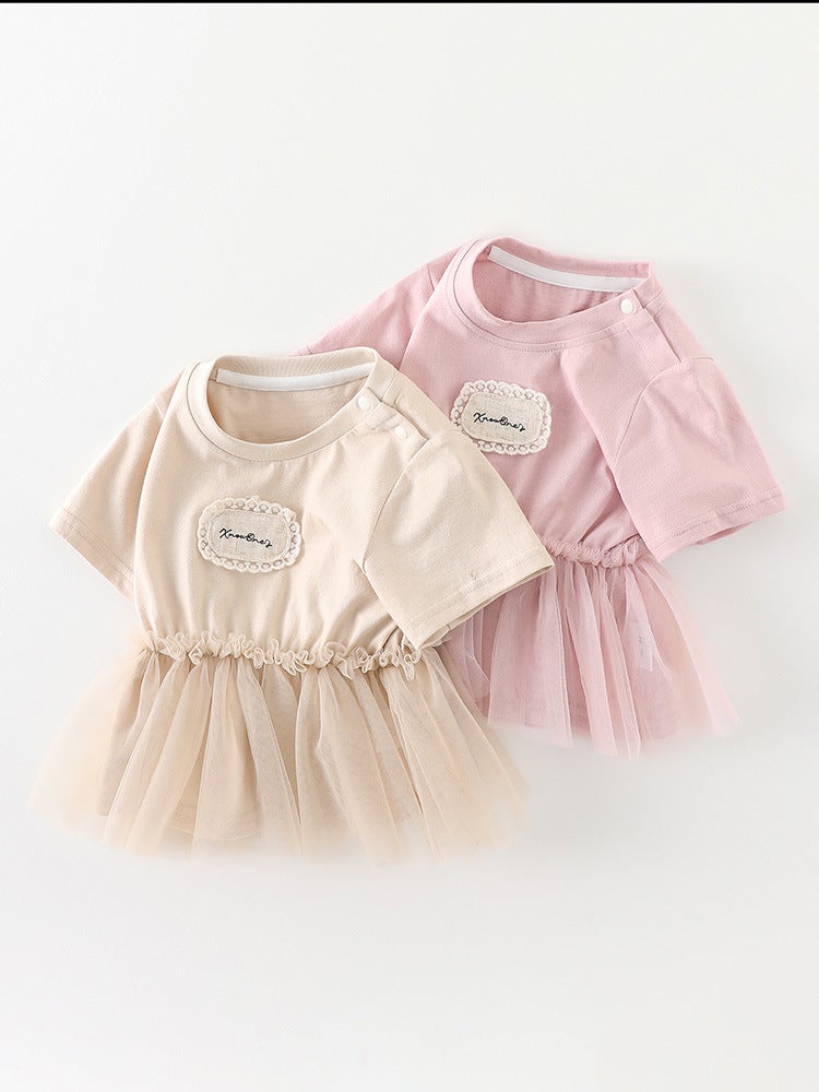 Korean Style Girls' Mesh Dress For Baby Girls Round Neck Short Sleeve Dress Sweet Princess Style Half-Length Skirt - Image 2