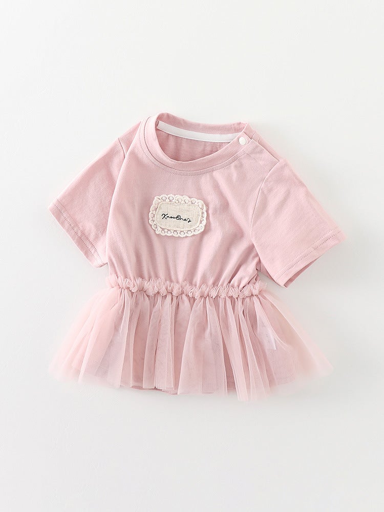 Korean Style Girls' Mesh Dress For Baby Girls Round Neck Short Sleeve Dress Sweet Princess Style Half-Length Skirt - Image 5
