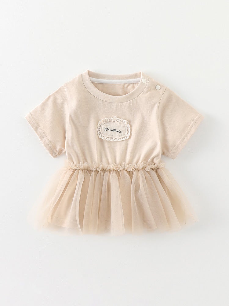 Korean Style Girls' Mesh Dress For Baby Girls Round Neck Short Sleeve Dress Sweet Princess Style Half-Length Skirt - Image 4