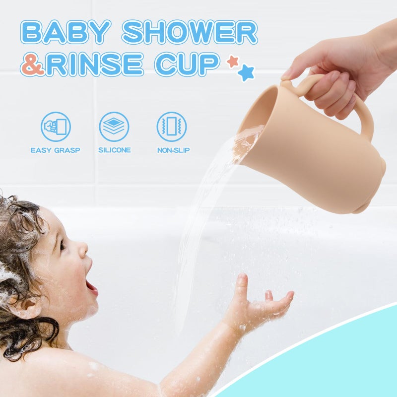 ماندو mandoo Baby Bath Rinse Cup - Food Grade Silicone - Shampoo  Body Washing Rinser Cup For Kids with Easy Grip Handle to Rinse Baby Shampoo and Soap - Baby Essentials (Khaki) - Image 2