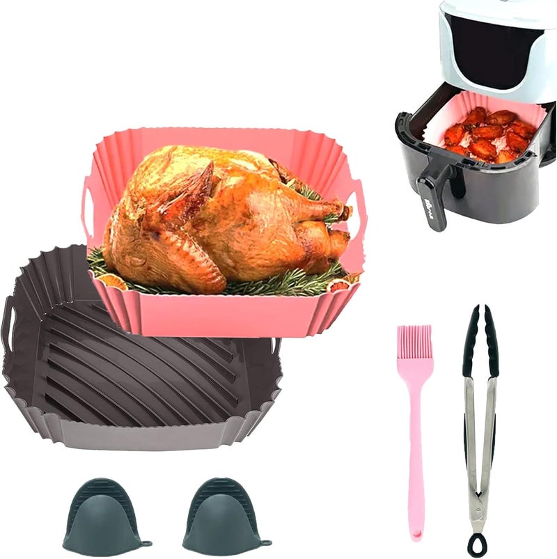 NISIXDEC Air Fryer Silicone Liners 2 PCS Square with Oven Mitts Basting Brush and a Pair of Tongs Reusable Silicone Molds Air Fryer Accessories Replacement of Parchment Paper - Image 1