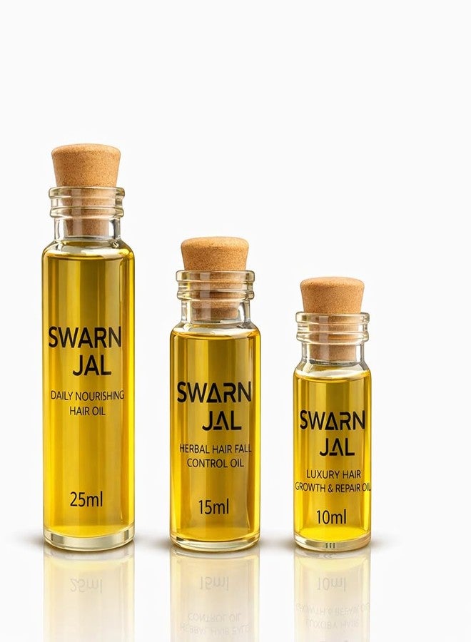 Swarn Jal مجموعة سوارن جال للعناية بالشعر من 3 خطوات | زيوت مغذية يومية، وأعشاب للتحكم في تساقط الشعر، وزيوت فاخرة لإصلاح الشعر | زيوت معصورة على البارد في زجاجات زجاجية | لشعر أقوى وأكثر صحة - Image 1