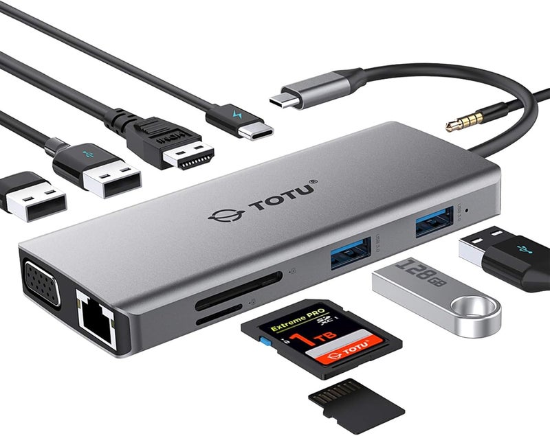 Totu 11-in-1 USB-C Hub: 4K HDMI, VGA, 2x USB3.0, 2x USB2.0, Ethernet, SD Card Reader, Audio, 3.0 PD, Mac Pro & Laptops Compatible - Image 1