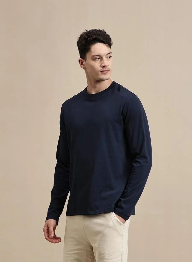 ECOLORE Men Navy Blue Solid Long Sleeves 100% Cotton Comfort Fit T-Shirt