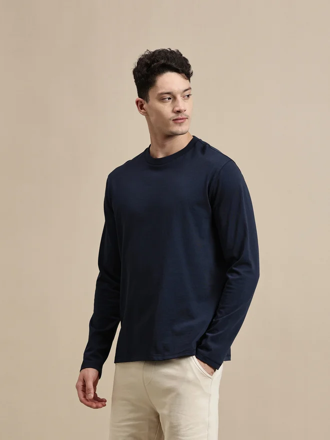 ECOLORE Men Navy Blue Solid Long Sleeves 100% Cotton Comfort Fit T-Shirt
