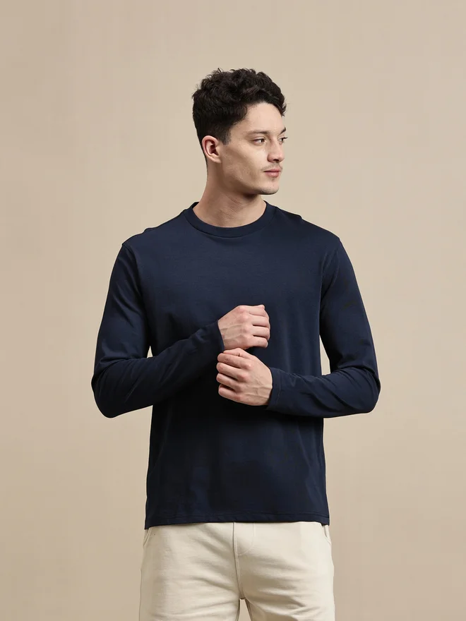 ECOLORE Men Navy Blue Solid Long Sleeves 100% Cotton Comfort Fit T-Shirt