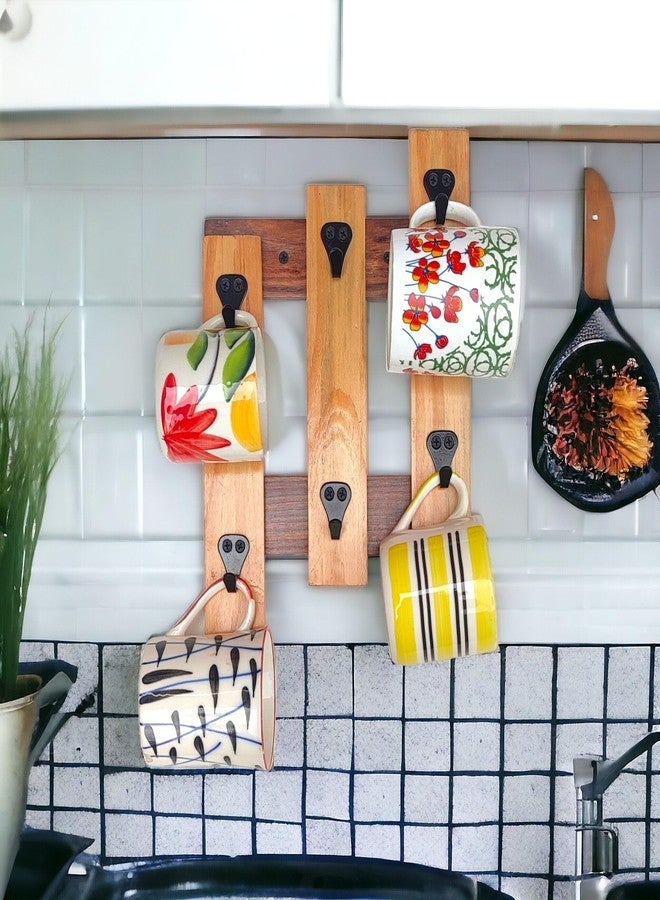 Treegift Wooden Wall Mounted Cup Organizer Coffee Mug Holder with 6 Hooks for Kitchen Display Storage and Collection.Size- 32" x 23" cm (Hash (#) Shape) - Image 4