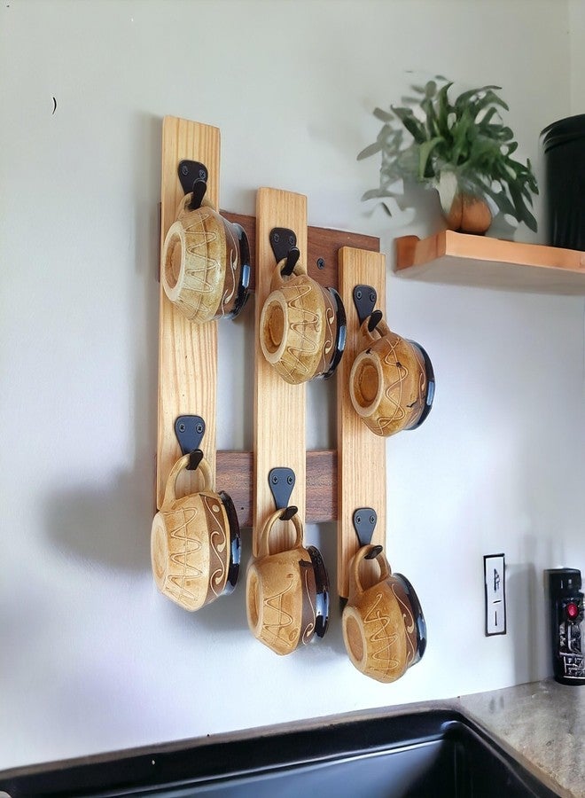 Treegift Wooden Wall Mounted Cup Organizer Coffee Mug Holder with 6 Hooks for Kitchen Display Storage and Collection.Size- 32" x 23" cm (Hash (#) Shape) - Image 2