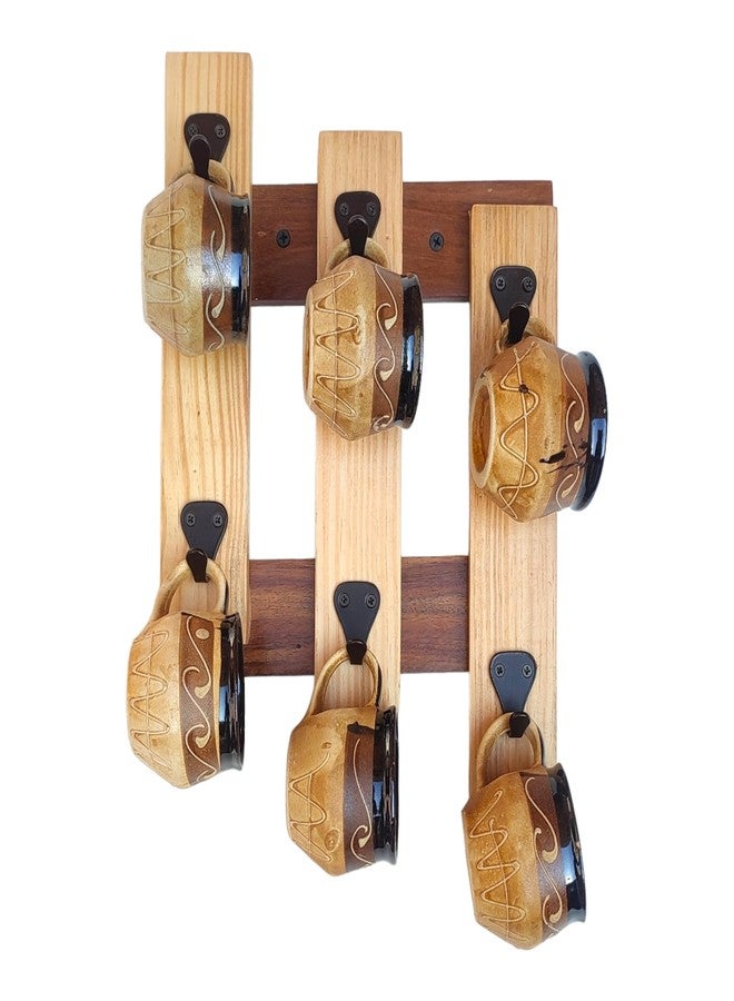 Treegift Wooden Wall Mounted Cup Organizer Coffee Mug Holder with 6 Hooks for Kitchen Display Storage and Collection.Size- 32" x 23" cm (Hash (#) Shape) - Image 1