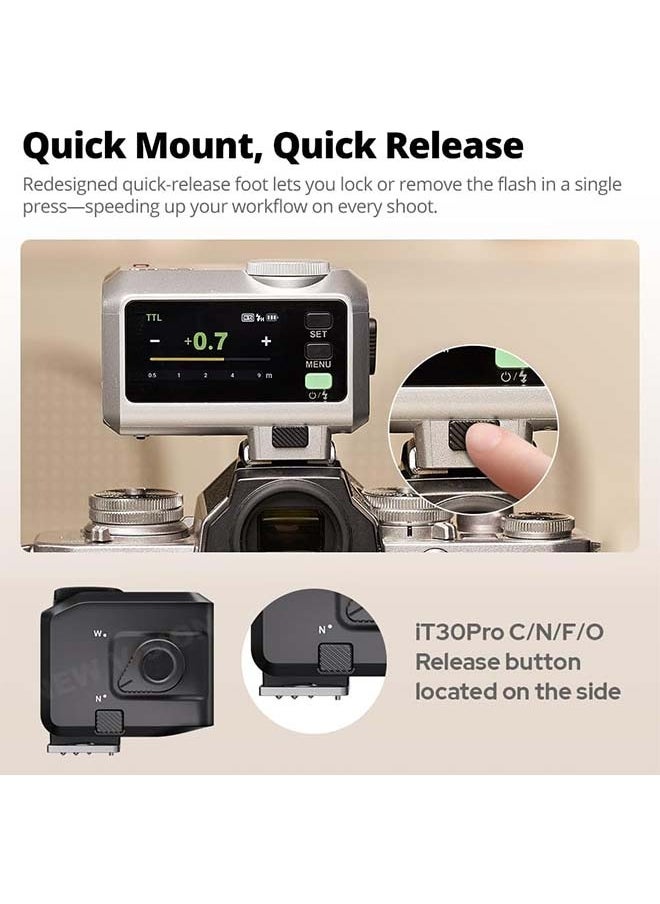 فلاش Godox iT30 Pro F iT30Pro F iT30ProF iT30Pro-F صغير لكاميرا Fuji، تعريض تلقائي TTL، سرعة عالية عالية 1/8000 ثانية، نظام X لاسلكي 2.4 جيجاهرتز، شاشة لمس ملونة كاملة مقاس 2.8 بوصة، بطارية ليثيوم (أسود)