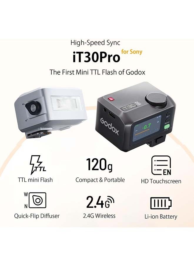 فلاش Godox iT30 Pro F iT30Pro F iT30ProF iT30Pro-F صغير لكاميرا Fuji، تعريض تلقائي TTL، سرعة عالية عالية 1/8000 ثانية، نظام X لاسلكي 2.4 جيجاهرتز، شاشة لمس ملونة كاملة مقاس 2.8 بوصة، بطارية ليثيوم (أسود)
