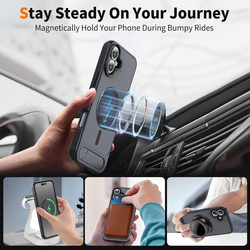 Elzzi Magnetic Cover Compatible for iPhone 16 Plus Case with Adjustable Metal Kickstand, Compatible with Mag-Safe Translucent Matte Shockproof Protective Case Phone Case,Black - Image 3
