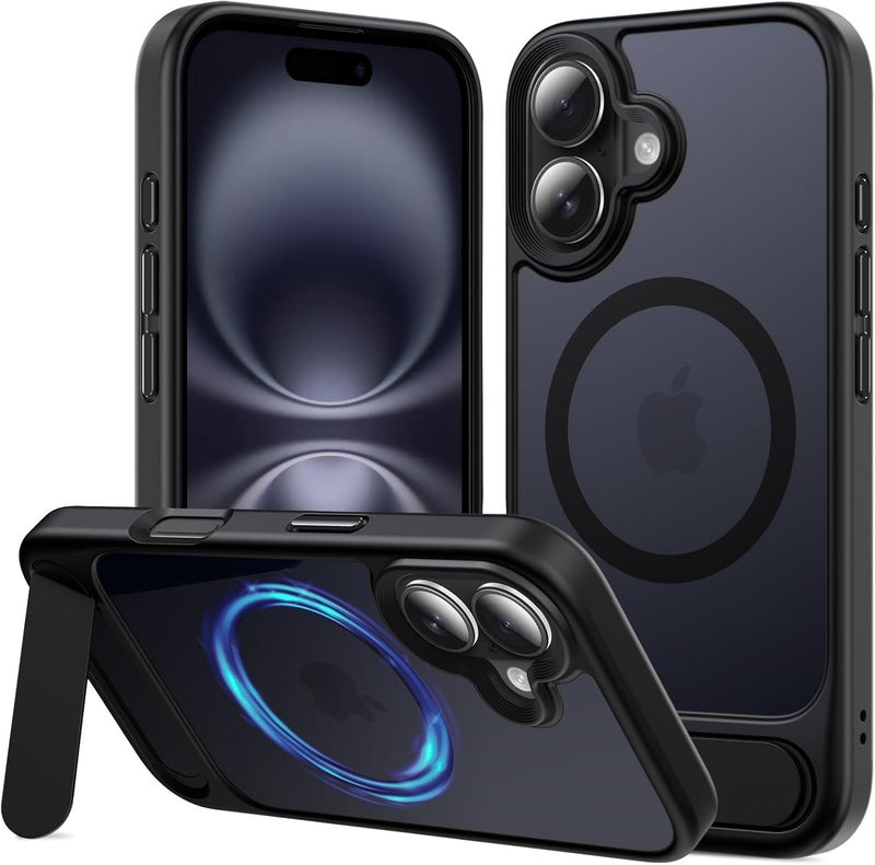 Elzzi Magnetic Cover Compatible for iPhone 16 Plus Case with Adjustable Metal Kickstand, Compatible with Mag-Safe Translucent Matte Shockproof Protective Case Phone Case,Black - Image 1