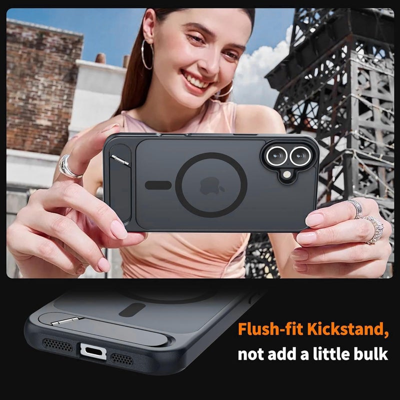 Elzzi Magnetic Cover Compatible for iPhone 16 Plus Case with Adjustable Metal Kickstand, Compatible with Mag-Safe Translucent Matte Shockproof Protective Case Phone Case,Black - Image 5
