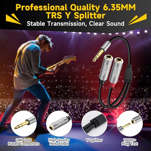 Togconn 2-Pack 1/4 inch TRS Stereo Splitter Y Adapter, 6.35mm Stereo Male to Dual 6.35 mm TS Mono Female Jack, Quarter inch Audio Speaker Splitter Converter Cable 1 Feet, Gold Plated Connectors - Image 2