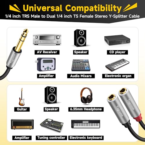 Togconn 2-Pack 1/4 inch TRS Stereo Splitter Y Adapter, 6.35mm Stereo Male to Dual 6.35 mm TS Mono Female Jack, Quarter inch Audio Speaker Splitter Converter Cable 1 Feet, Gold Plated Connectors - Image 5